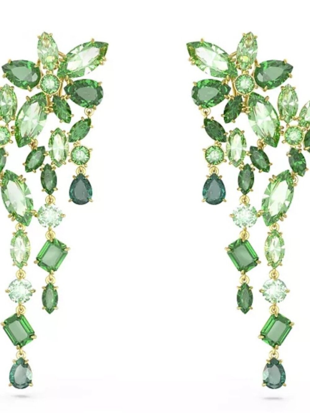 Swarovski Gema Green Crystal Flower Clip on Chandelier Earrings in Gold Tone